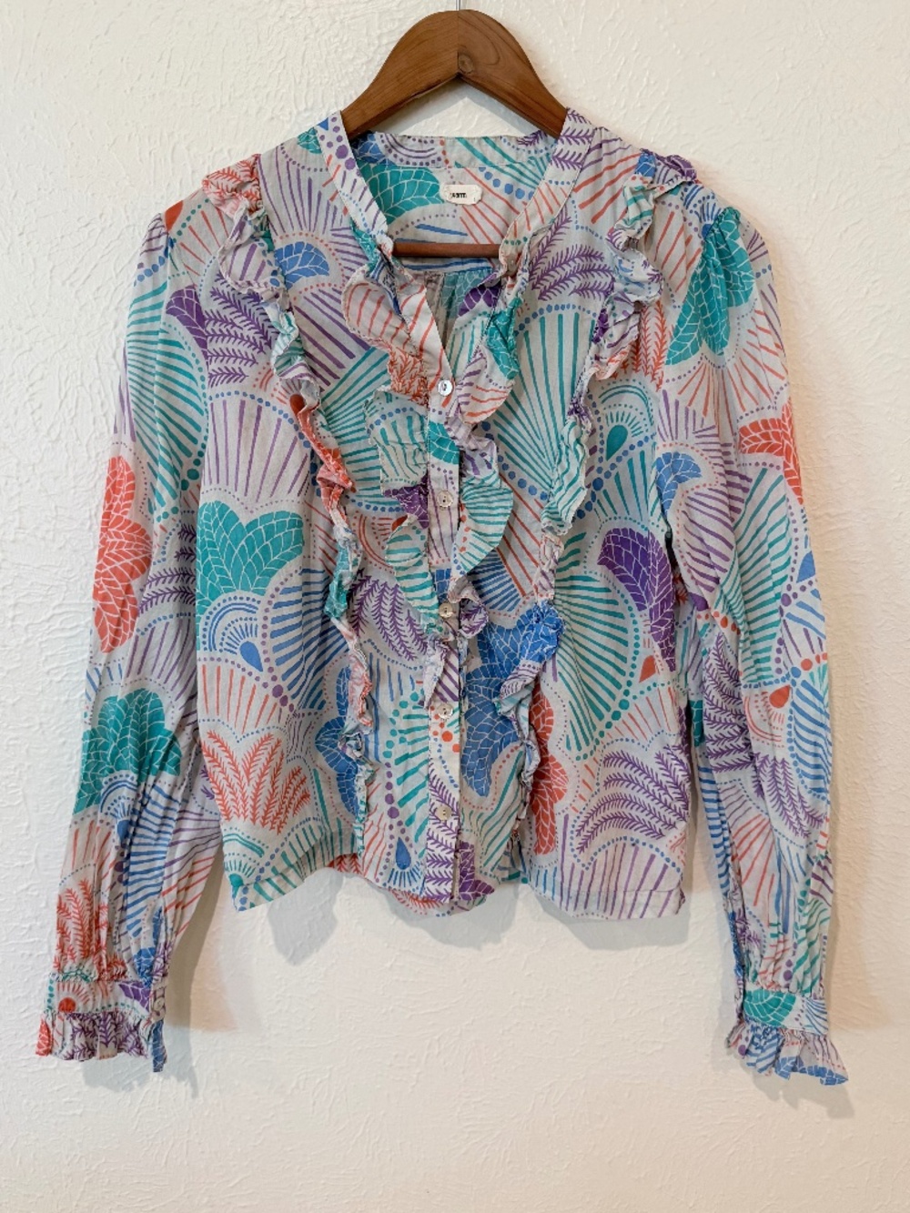 Warm Cotton Ruffle Blouse Abstract Shell Print Boho